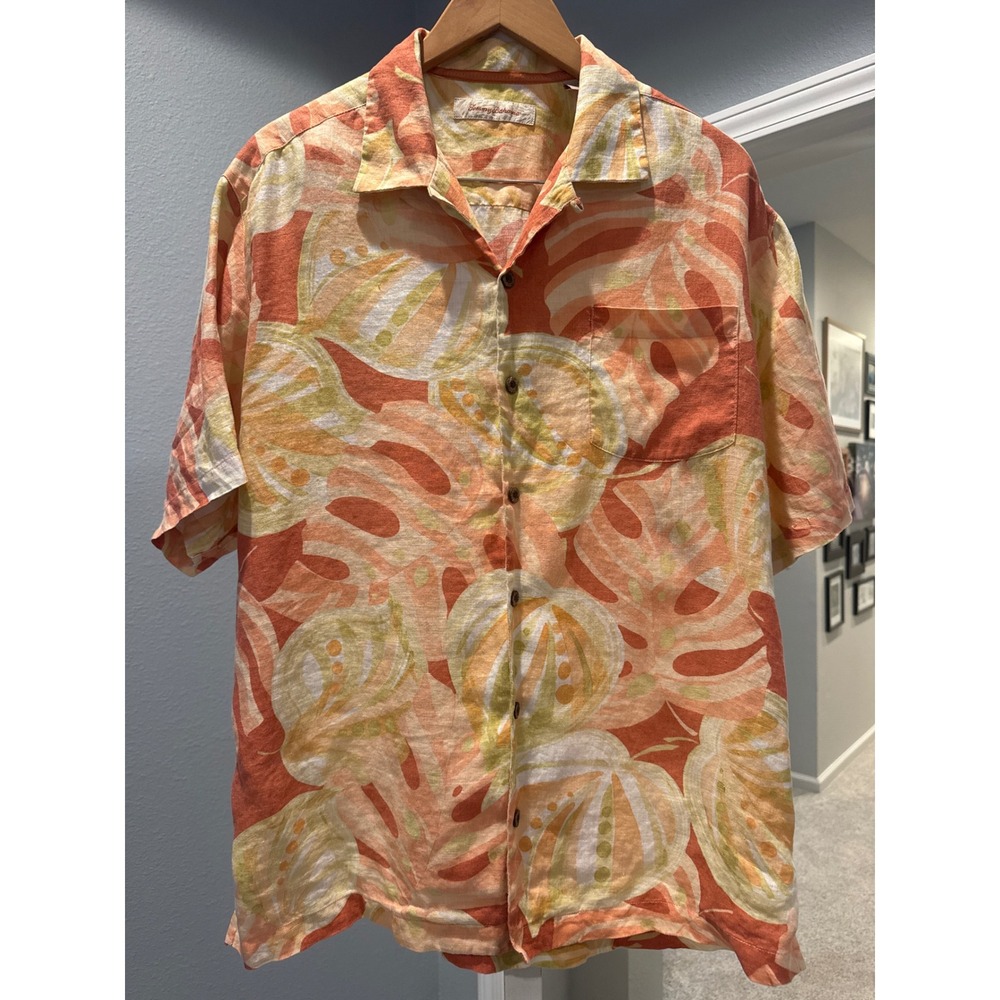 Tommy Bahama Mens Large 100% Linen Short Sleeve Tropical Floral Camp Shirt